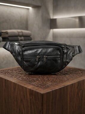 Leather Fanny Pack Waist Bag Travel Belt Bag for Men/Women, Black